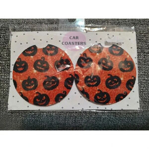 Black & Orange Sparkle Jack O' Lantern Halloween Car Coaster Set